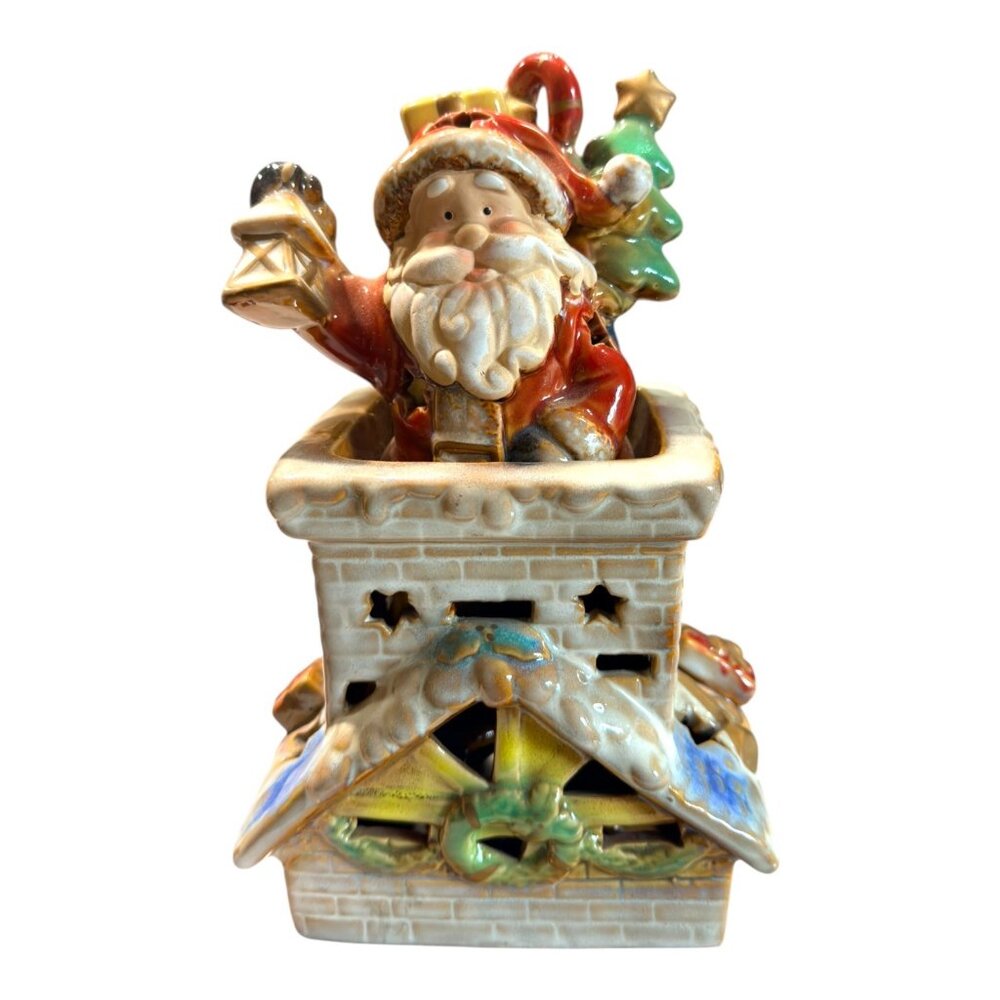 Elements VNTG Santa Going Down Chimney W/ Lantern Rooftop Ceramic Christmas